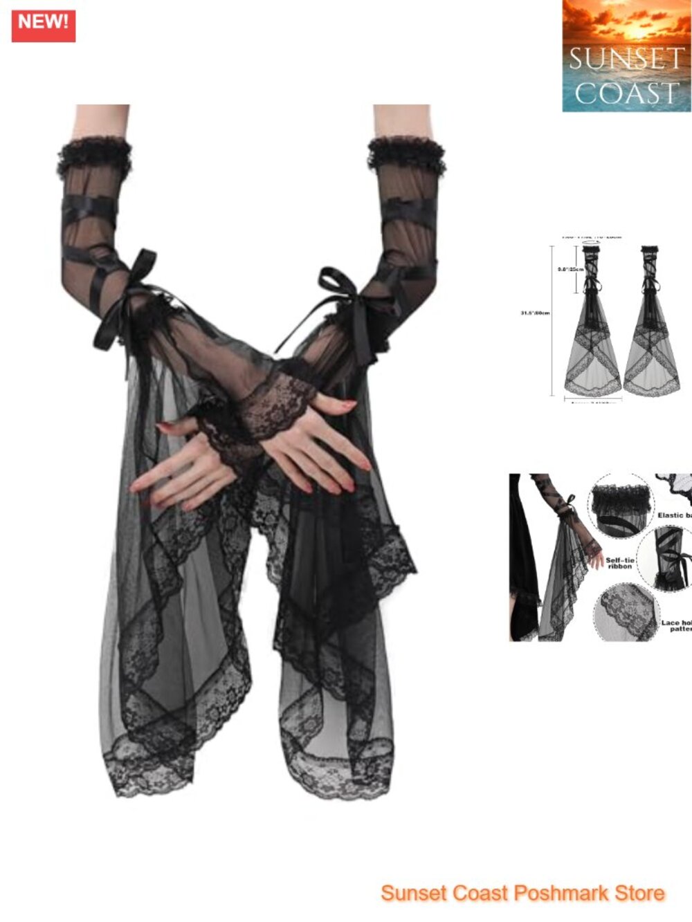 Gothic Black Lace Gloves Women Victorian Tulle Chiffon Detachable Sleeves Witch